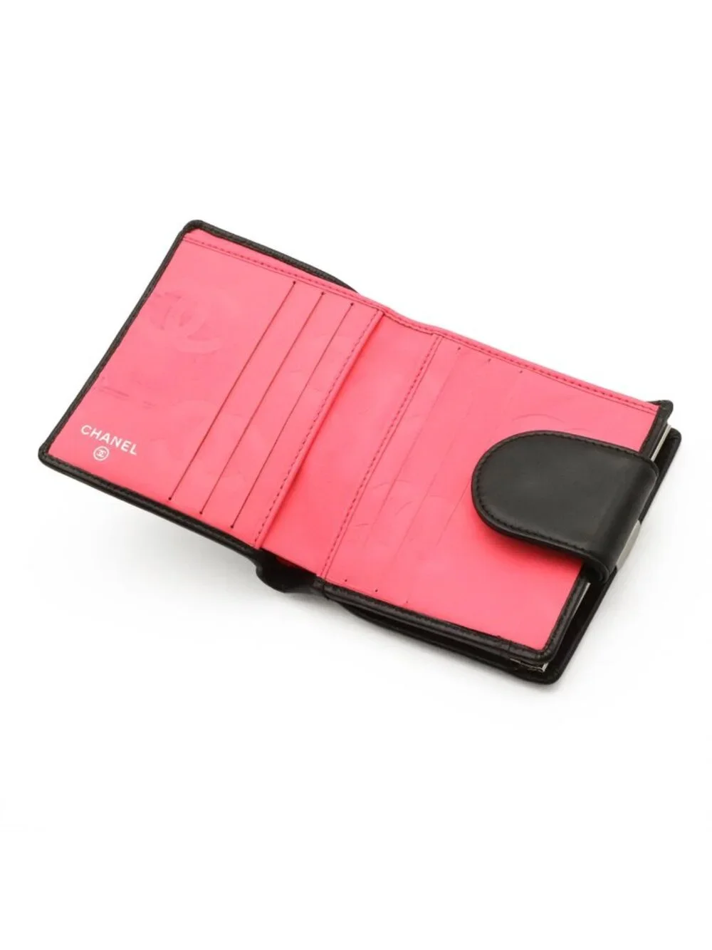 Chanel Cambon Line Kiss Lock Wallet Bifold Soft Calf Leather Black White Pink